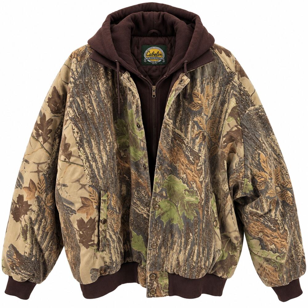 Vintage Cabelas Camo Hunting Jacket Quilted Lined Knit Hood Cuffs Mens 4XL
